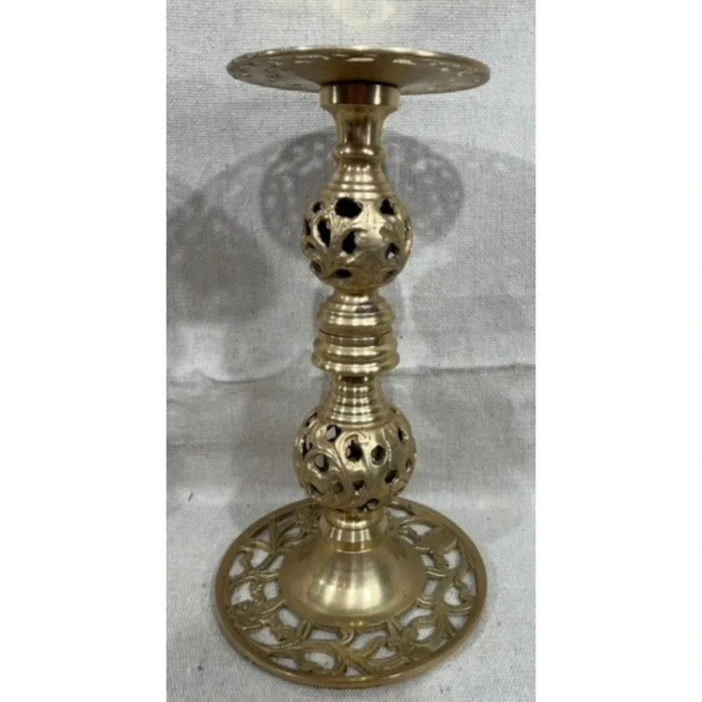 Vintage Brass Openwork Lattice Candlestick Holders Ornate Pierced Set of 2 9in